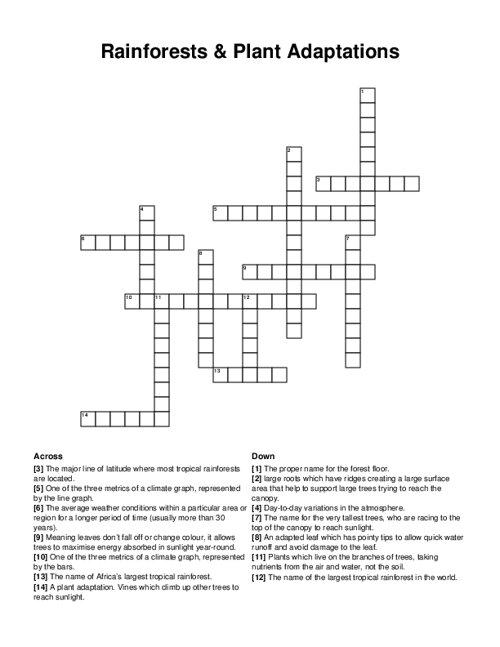 Rainforests & Plant Adaptations Crossword Puzzle