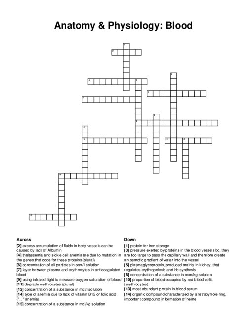 Anatomy & Physiology: Blood Crossword Puzzle