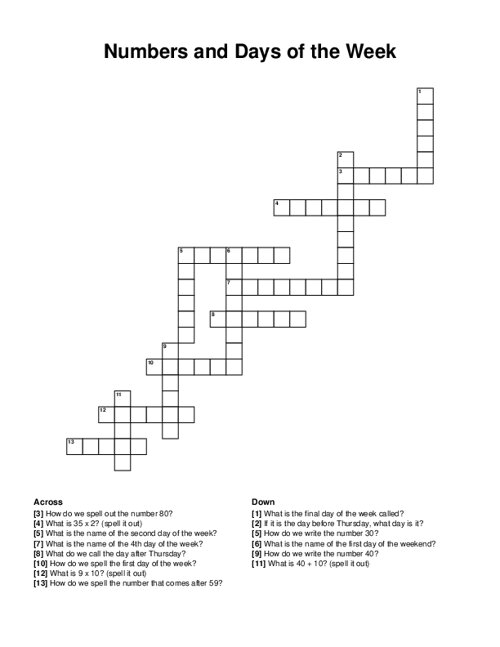 Numbers and Days of the Week Crossword Puzzle