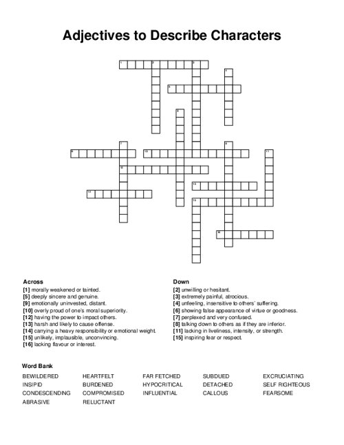 Adjectives to Describe Characters Crossword Puzzle