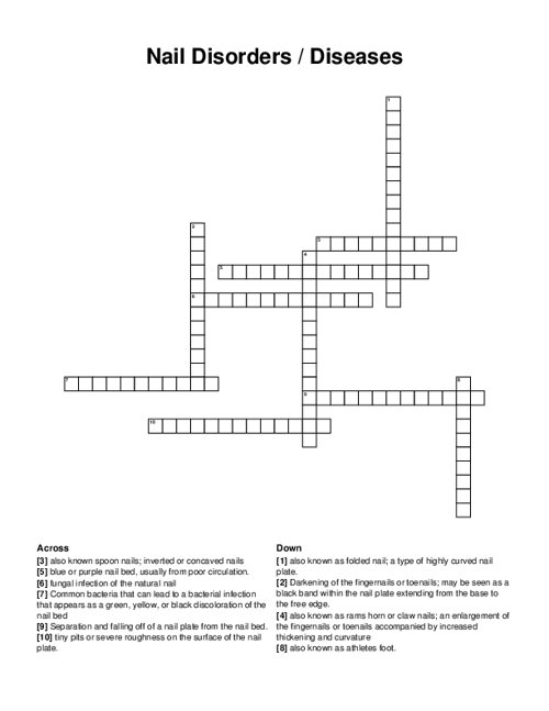 Nail Disorders / Diseases Crossword Puzzle