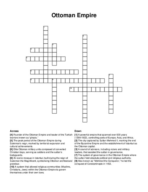 Ottoman Empire Crossword Puzzle