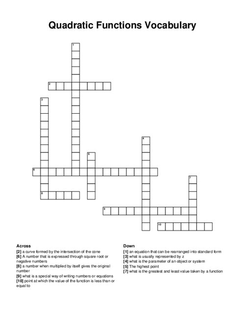 Quadratic Functions Vocabulary Crossword Puzzle