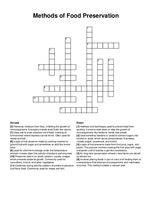 Methods of Food Preservation Crossword Puzzle