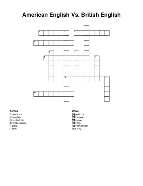 American English Vs. British English Crossword Puzzle