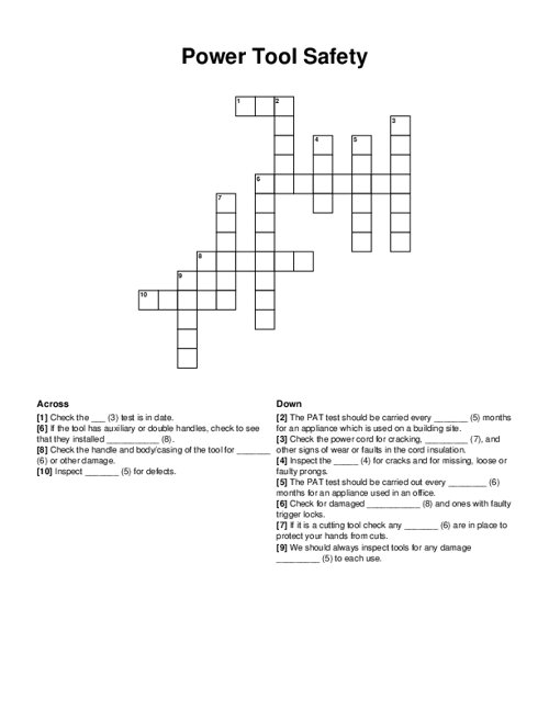 Power Tool Safety Crossword Puzzle