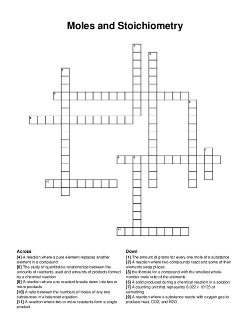 Moles and Stoichiometry Crossword Puzzle