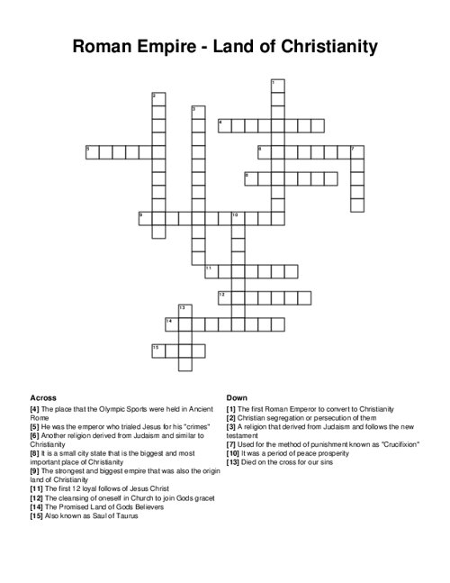 Roman Empire - Land of Christianity Crossword Puzzle