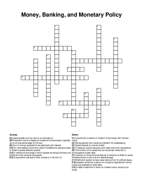 Money, Banking, and Monetary Policy Crossword Puzzle