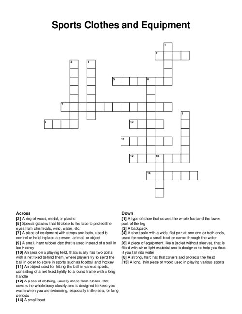 Sports Clothes and Equipment Crossword Puzzle