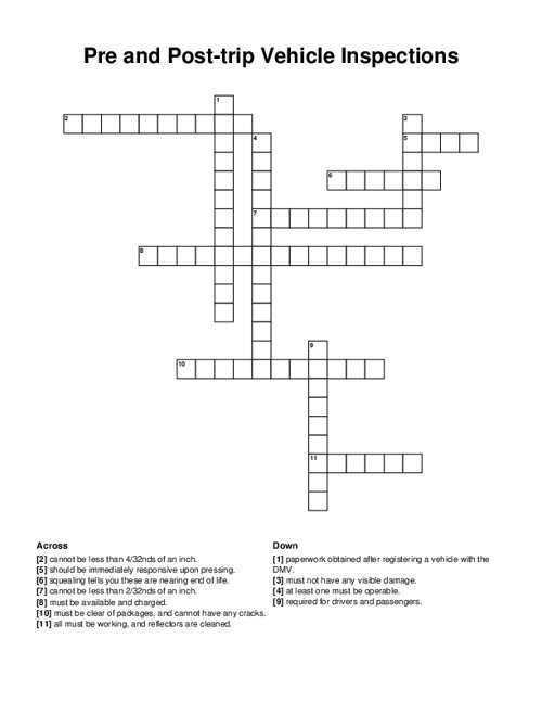 Pre and Post-trip Vehicle Inspections Crossword Puzzle