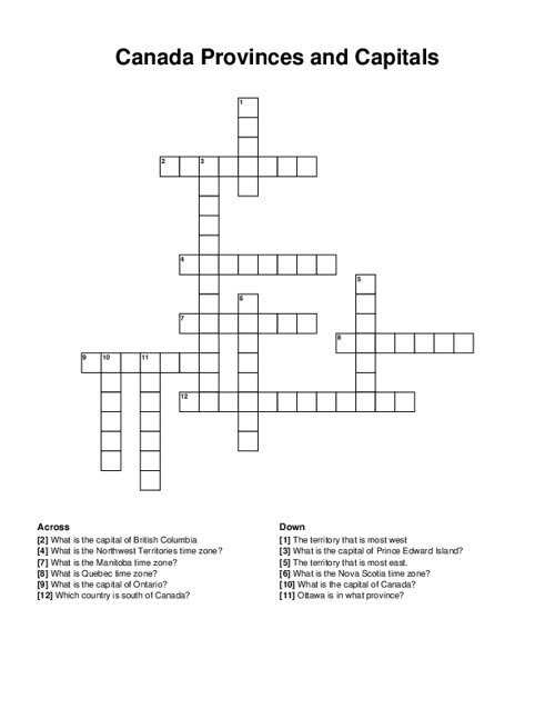 Canada Provinces and Capitals Crossword Puzzle