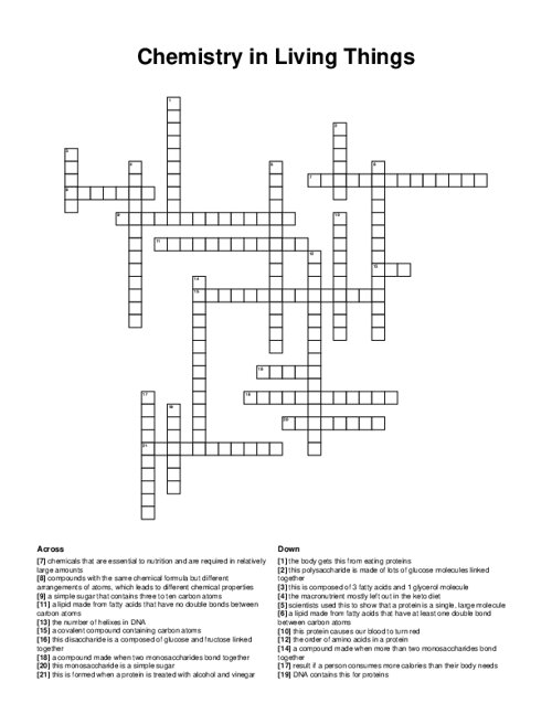 Chemistry in Living Things Crossword Puzzle