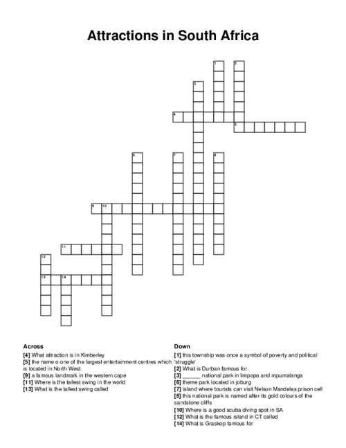 Attractions in South Africa Crossword Puzzle