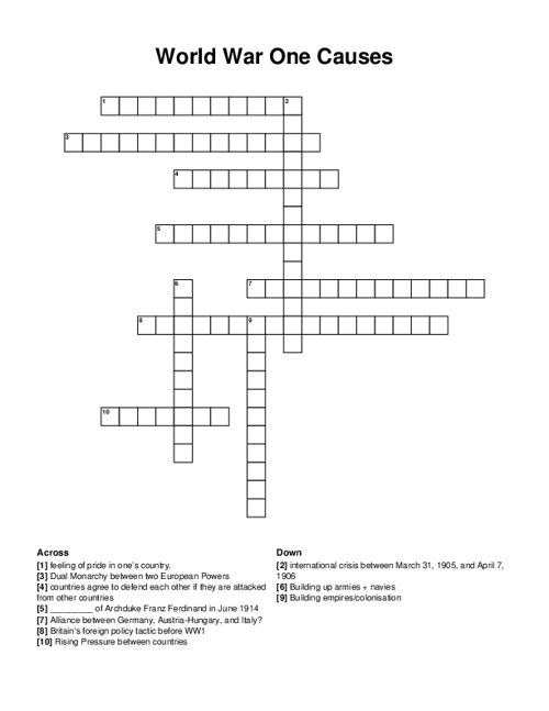 World War One Causes Crossword Puzzle