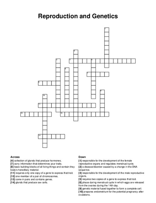 Reproduction and Genetics Crossword Puzzle