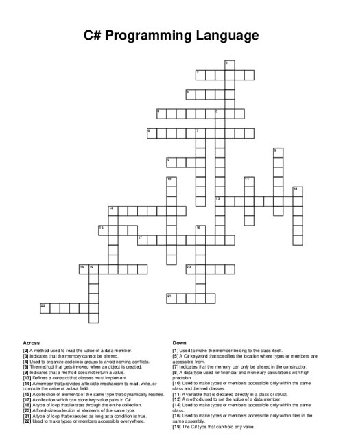 C# Programming Language Crossword Puzzle