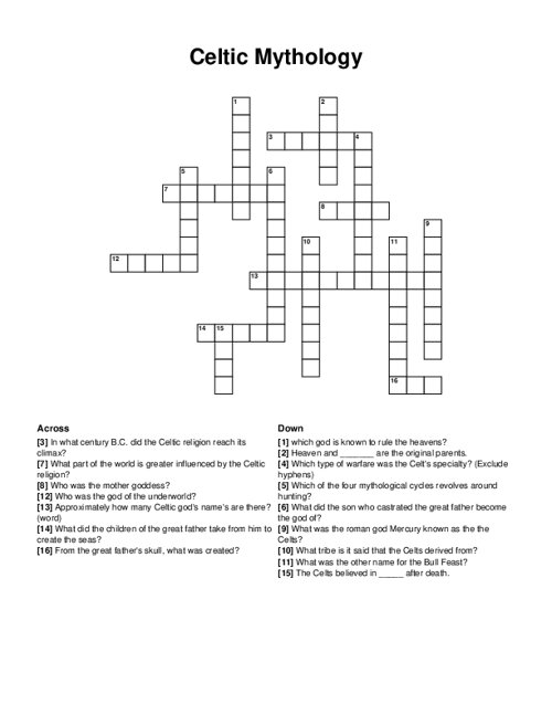 Celtic Mythology Crossword Puzzle