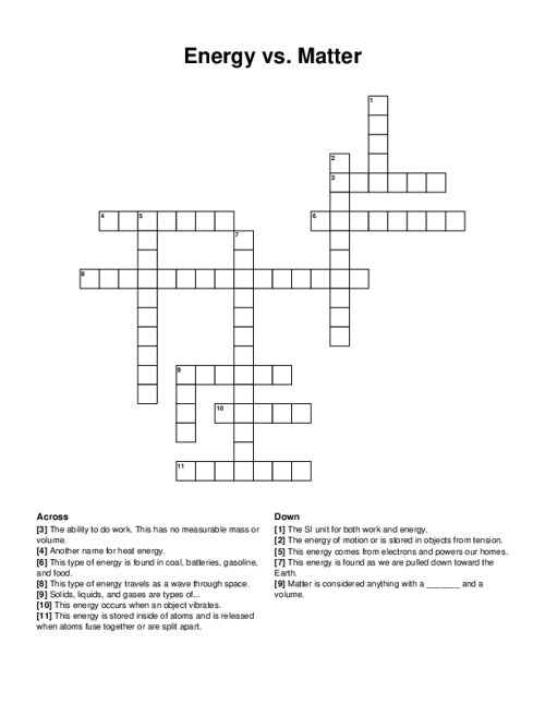 Energy vs. Matter Crossword Puzzle