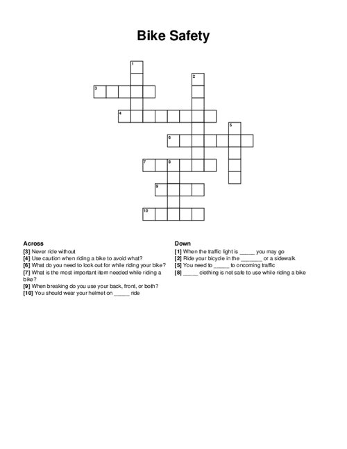 Bike Safety Crossword Puzzle