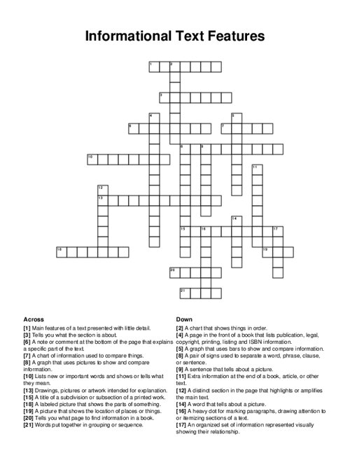 Informational Text Features Crossword Puzzle