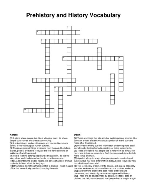 Prehistory and History Vocabulary Crossword Puzzle