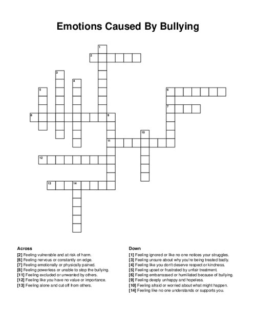 Emotions Caused By Bullying Crossword Puzzle