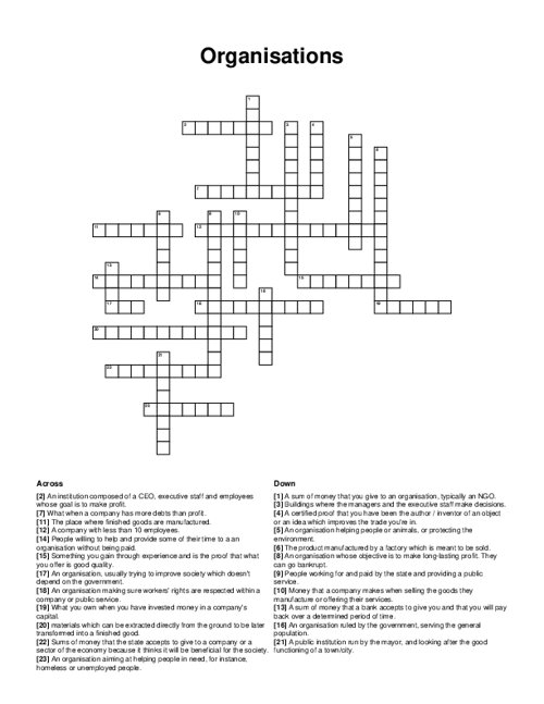 Organisations Crossword Puzzle