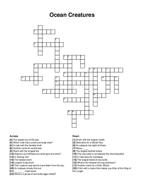 Ocean Creatures Crossword Puzzle