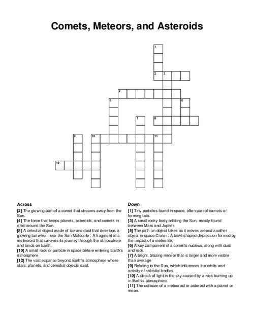 Comets, Meteors, and Asteroids Crossword Puzzle