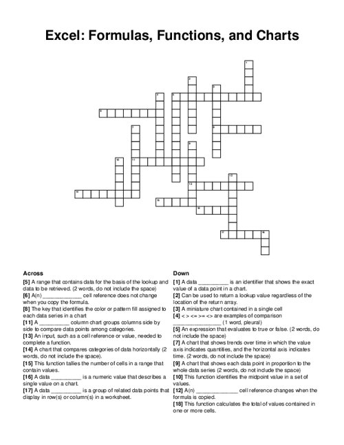 Excel: Formulas, Functions, and Charts Crossword Puzzle