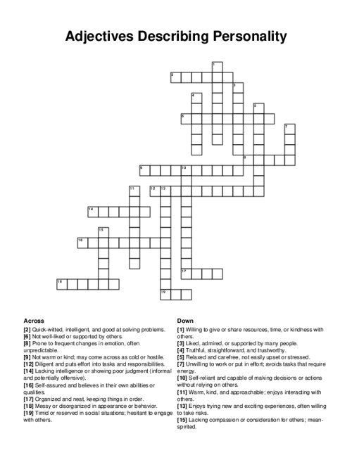 Adjectives Describing Personality Crossword Puzzle