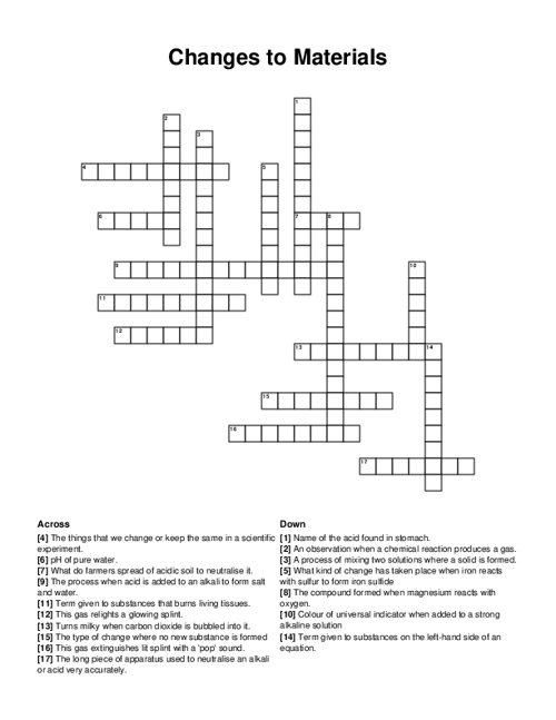 Changes to Materials Crossword Puzzle