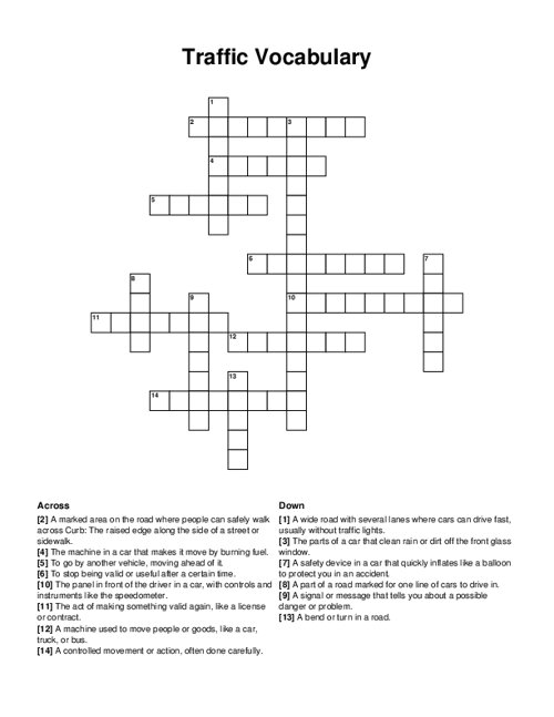 Traffic Vocabulary Crossword Puzzle