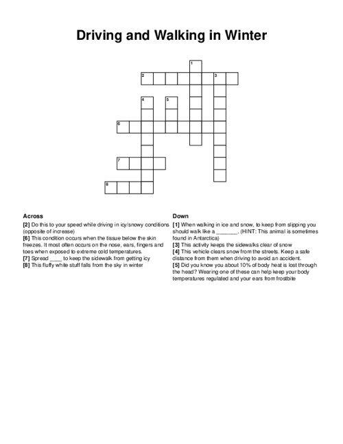 Driving and Walking in Winter Crossword Puzzle