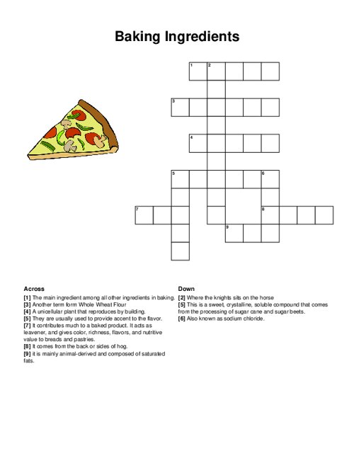 Baking Ingredients Crossword Puzzle