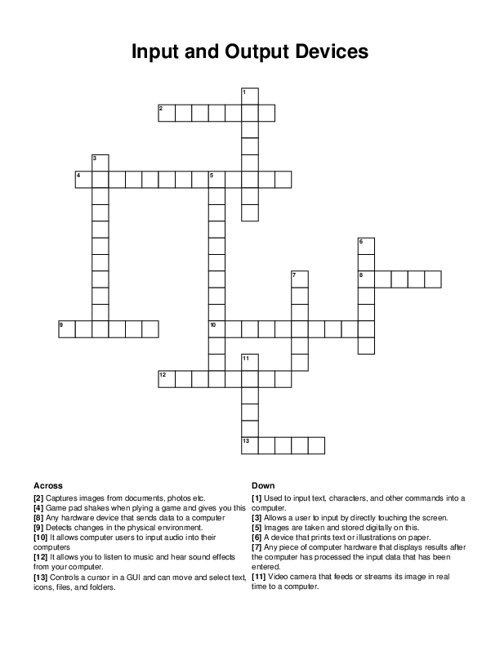 Input and Output Devices Crossword Puzzle