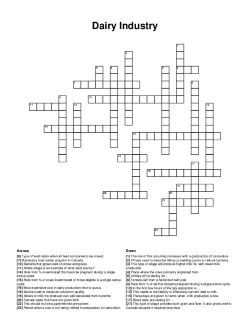 Dairy Industry Crossword Puzzle