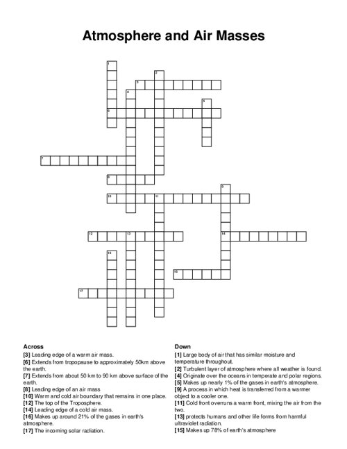 Atmosphere and Air Masses Crossword Puzzle