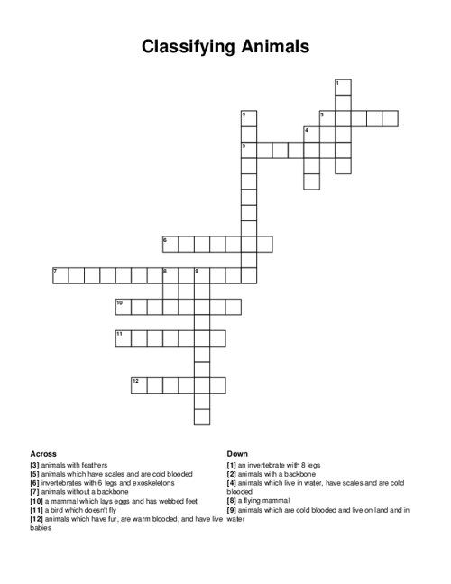 Classifying Animals Crossword Puzzle