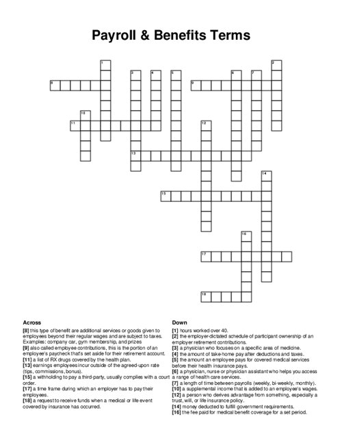 Payroll & Benefits Terms Crossword Puzzle