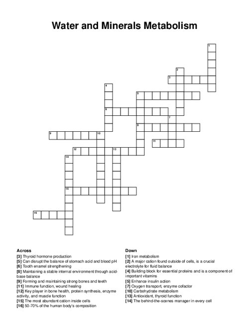 Water and Minerals Metabolism Crossword Puzzle