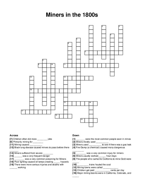 Miners in the 1800s Crossword Puzzle