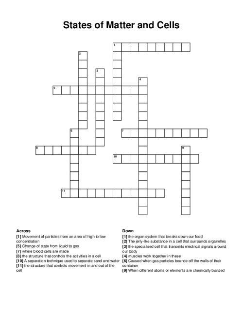 States of Matter and Cells Crossword Puzzle