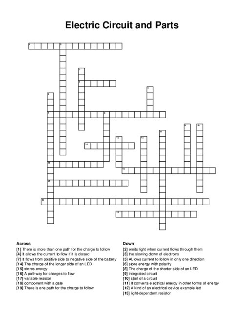 Electric Circuit and Parts Crossword Puzzle