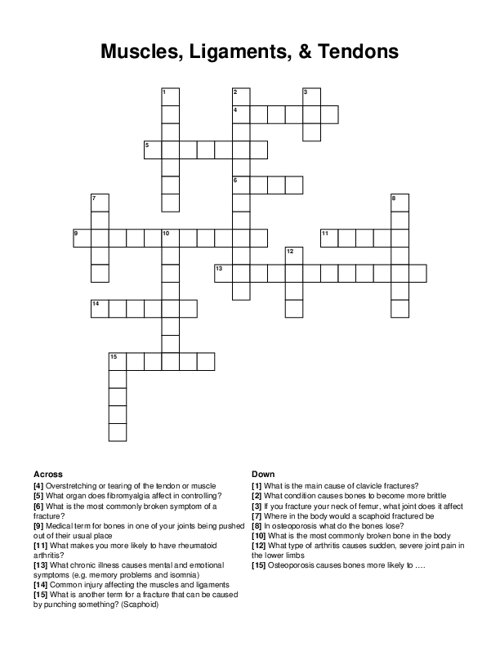 Muscles, Ligaments, & Tendons Crossword Puzzle