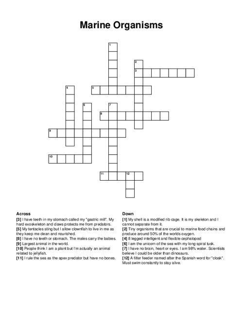 Marine Organisms Crossword Puzzle