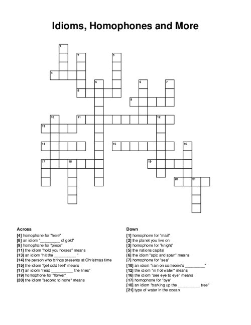 Idioms, Homophones and More Crossword Puzzle