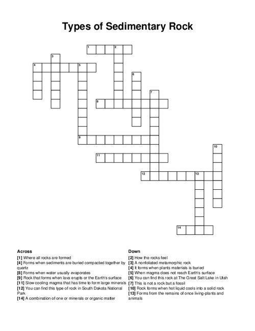 Types of Sedimentary Rock Crossword Puzzle