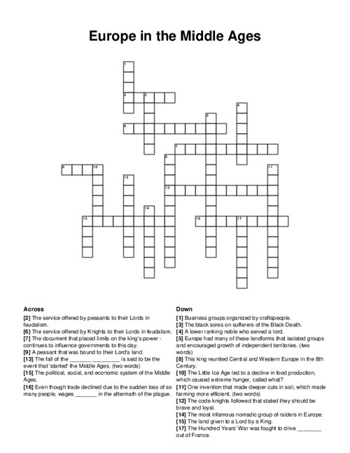 Europe in the Middle Ages Crossword Puzzle